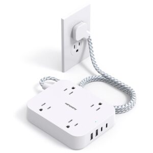 Flat Plug Extension Cord, 5ft Power Strip with 4 USB Ports(2 USB C), 4 Widely Outlets Extender, Wall Mount, Desk Charging Station for Office, School, Travel and Dorm Room...