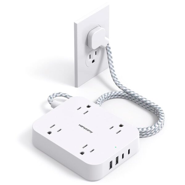 Flat Plug Extension Cord, 5ft Power Strip with 4 USB Ports(2 USB C), 4 Widely Outlets Extender, Wall Mount, Desk Charging Station for Office, School, Travel and Dorm Room...